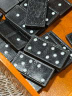 Vintage Black Composition Dominoes With Wooden Roll-Top Box, c. 1940s–1960s