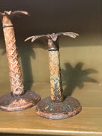 Vintage Cast Palm Tree Candlesticks, Pair, Verdigris, c. 1950–1960
