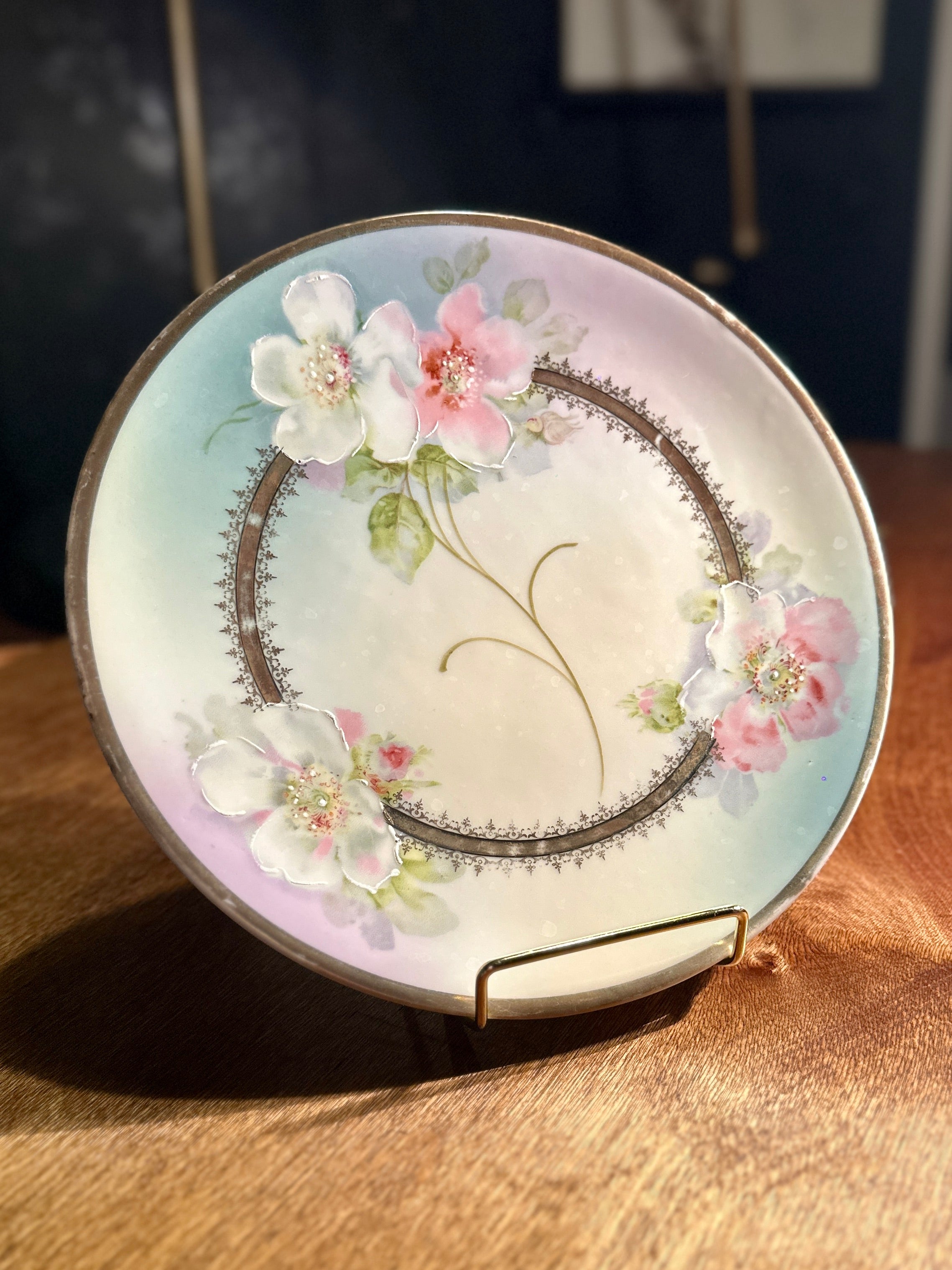 Antique Hand-Painted Porcelain Dessert Plate with Raised Enamel Flowers, c. 1900–1920