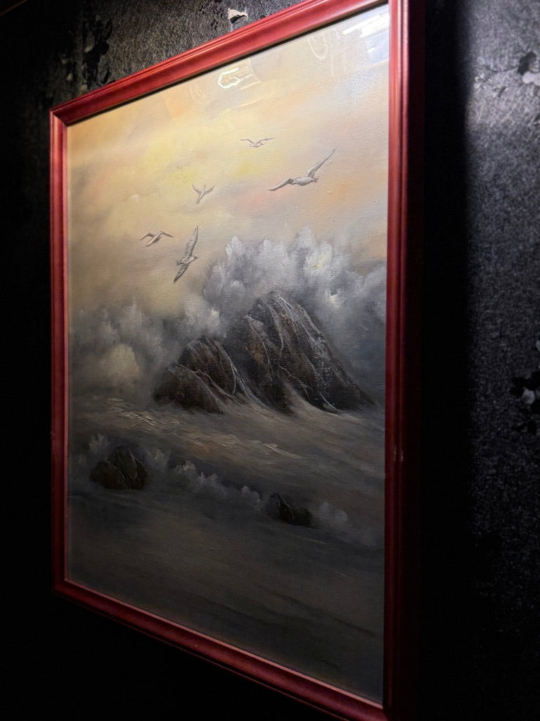 Signed Katrina Coastal Seascape Oil Painting (20th Century) – Misty Shoreline with Seabirds