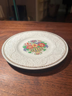 Wedgwood Patrician Plate in Cream Earthenware, Embossed Scrollwork Border with Polychrome Flower Basket and Hand-Gilt Beaded Rim, c. 1920–1940