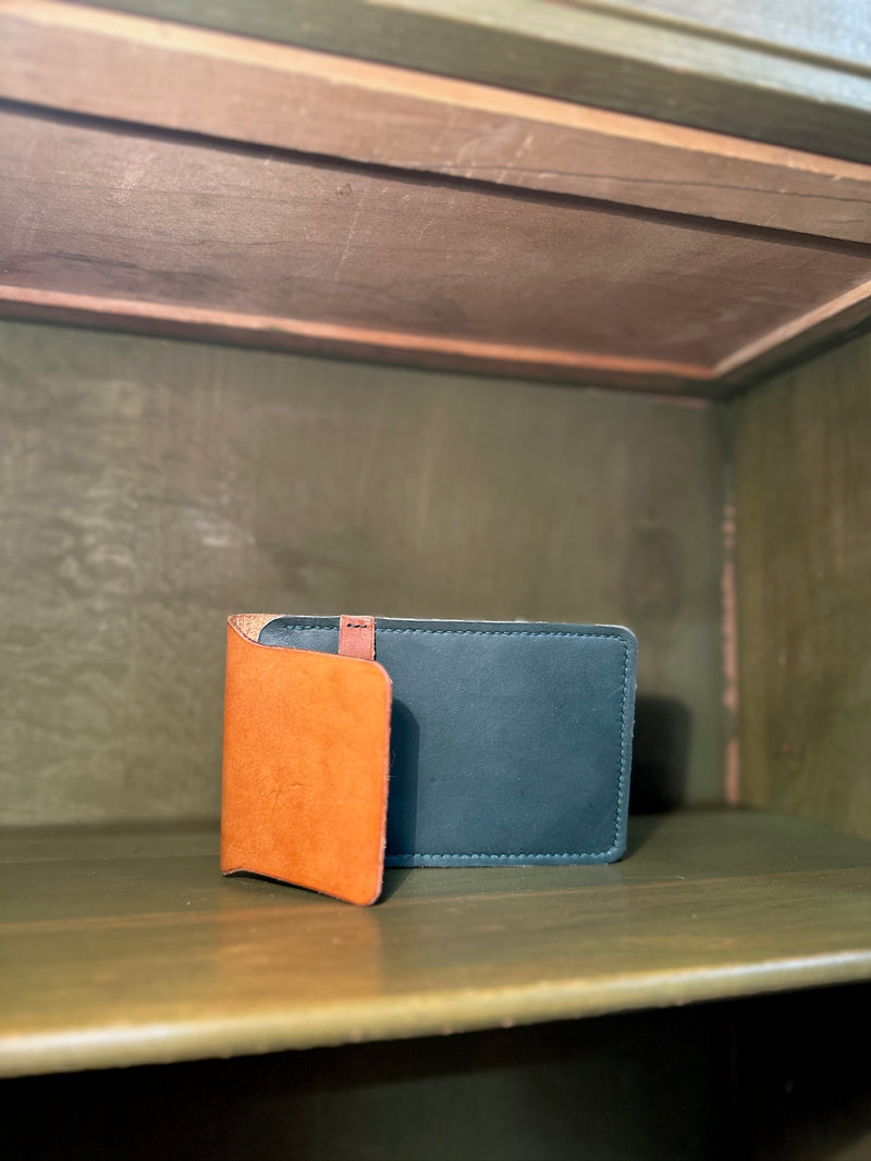 Two Hand-Stitched Vegetable-Tanned Leather Card Wallets, Saddle-Stitched in Teal and Russet, Contemporary