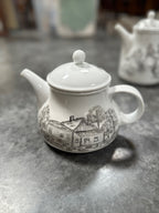 Hand-Painted Porcelain Coffee Pot, Teapot and Creamer with Grisaille Landscapes, Signed Claire and Dated C. Smith 1-84