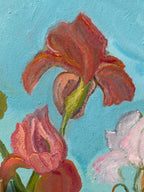 Large Bearded Iris Oil Painting on Turquoise, Monogrammed, Limed Rococo Frame, c. 1990–2010