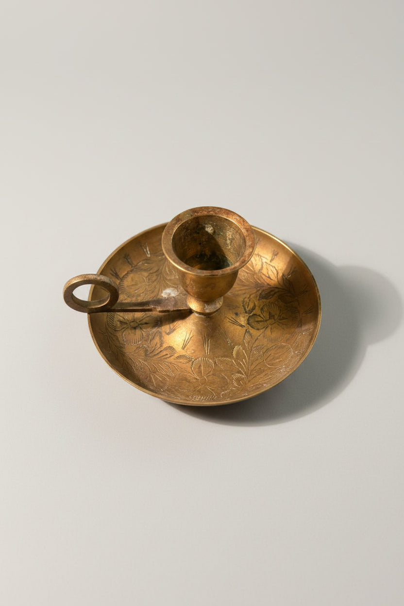 Antique Brass Chamberstick Candle Holder with Floral Engravings – Reno, NV Antiques