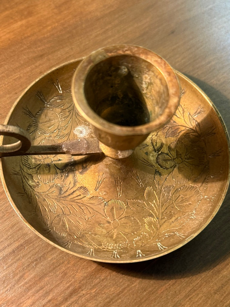 Antique Brass Chamberstick Candle Holder with Floral Engravings – Reno, NV Antiques