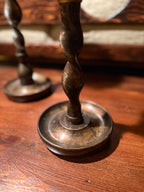 Pair of 1940s Jacobean Revival Barley Twist Wood &amp; Brass Candlesticks