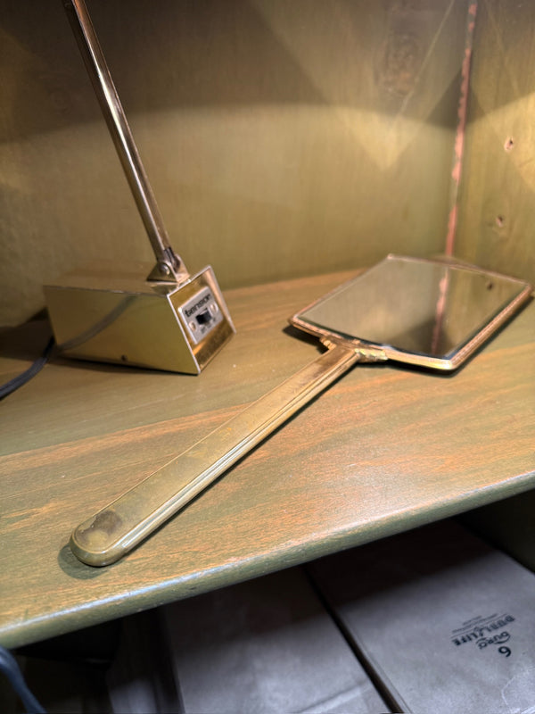 Art Deco Gilt-Metal Hand Mirror, Graduated Green and Cream Enamelled Back with Gold Pinstriping, Stepped Fan Palmette and Reeded Handle, Bevelled Plate, c. 1925–1940