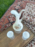 Frosted White Glass Ewer with two Matching Cordial Goblets