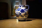 Vintage Mid Century Blue and White Hand-Painted Ceramic Urn Vase C. 1940-50s