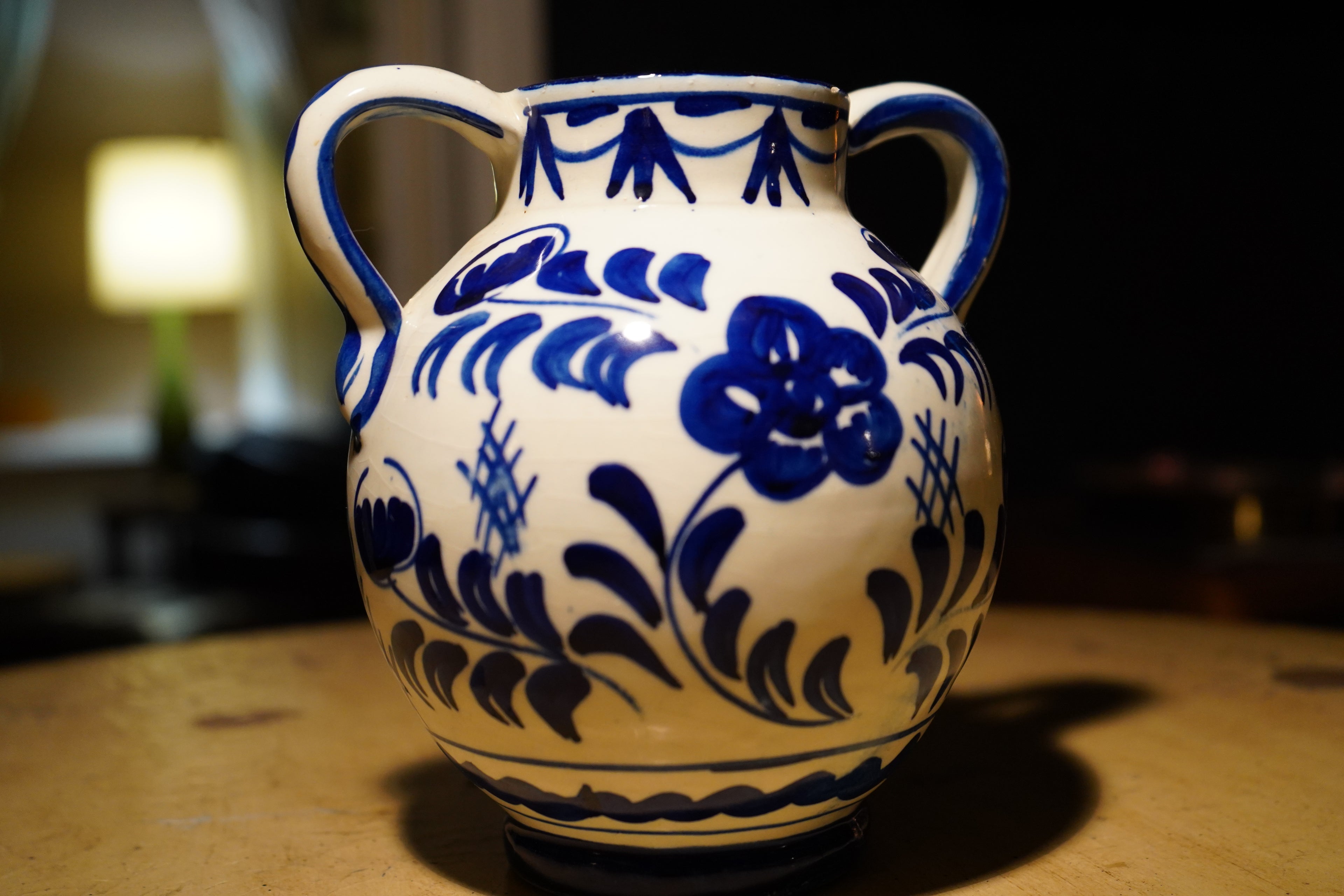 Vintage Mid Century Blue and White Hand-Painted Ceramic Urn Vase C. 1940-50s