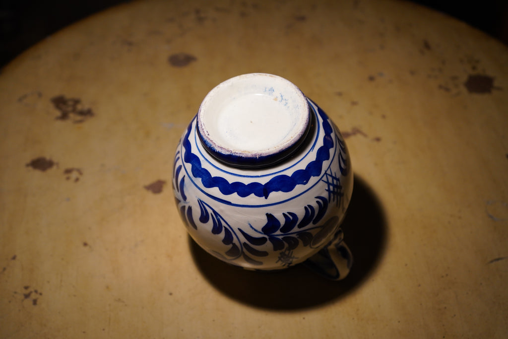Vintage Mid Century Blue and White Hand-Painted Ceramic Urn Vase C. 1940-50s