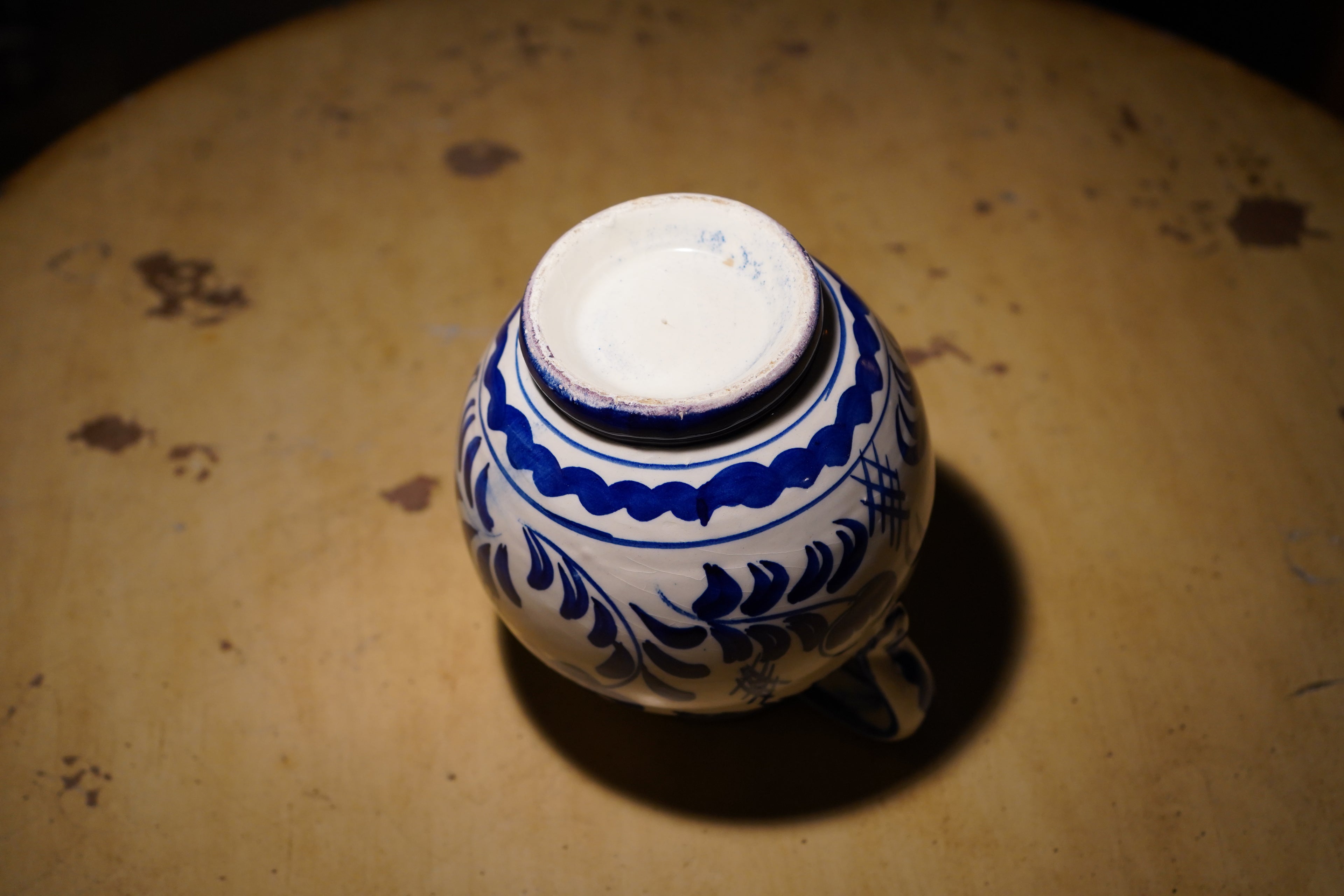 Vintage Mid Century Blue and White Hand-Painted Ceramic Urn Vase C. 1940-50s