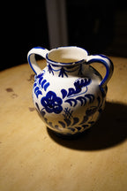 Vintage Mid Century Blue and White Hand-Painted Ceramic Urn Vase C. 1940-50s