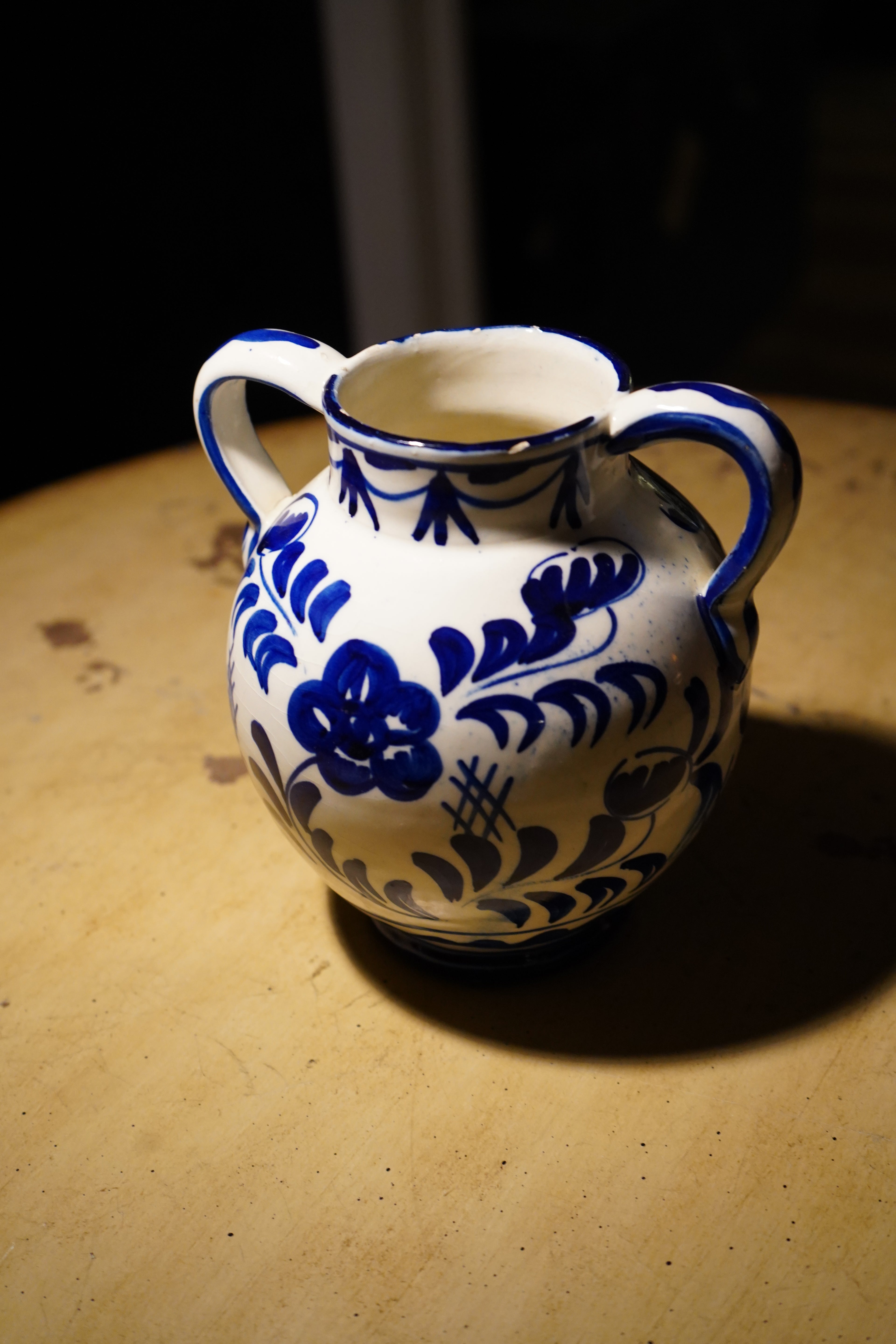 Vintage Mid Century Blue and White Hand-Painted Ceramic Urn Vase C. 1940-50s
