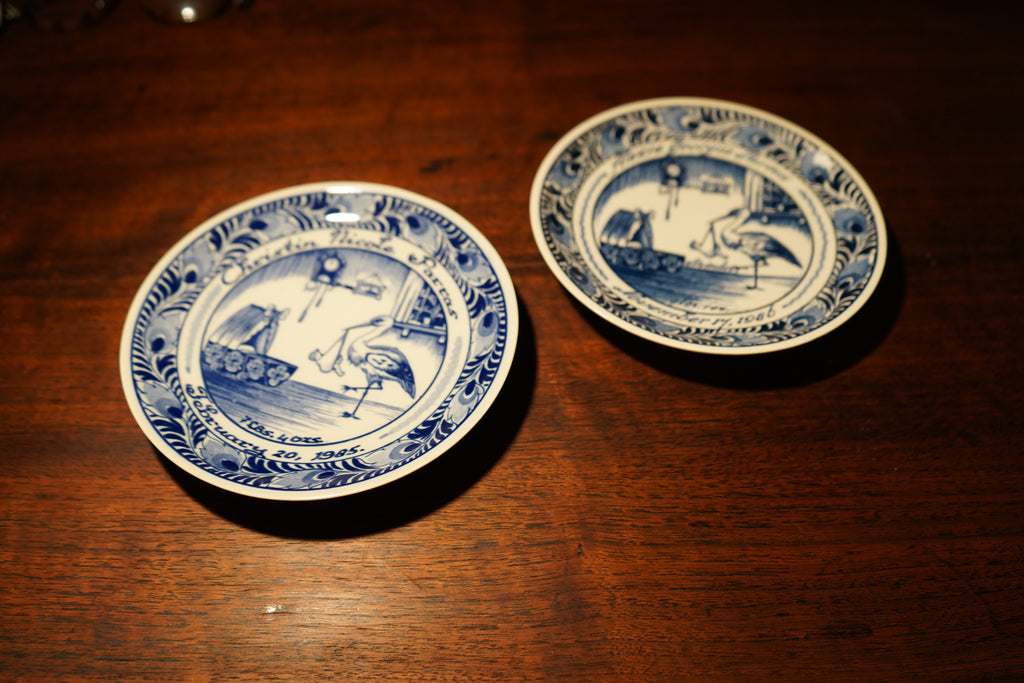 Pair of Vintage Delft Blue Personalized Birth Plates, c. 1980s