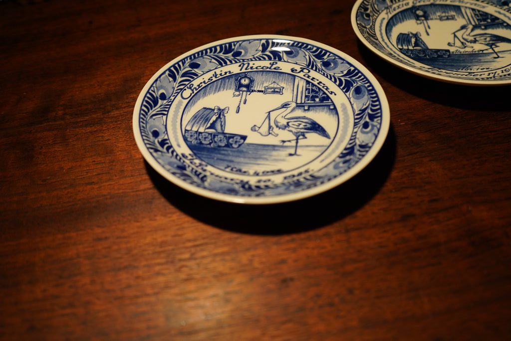 Pair of Vintage Delft Blue Personalized Birth Plates, c. 1980s