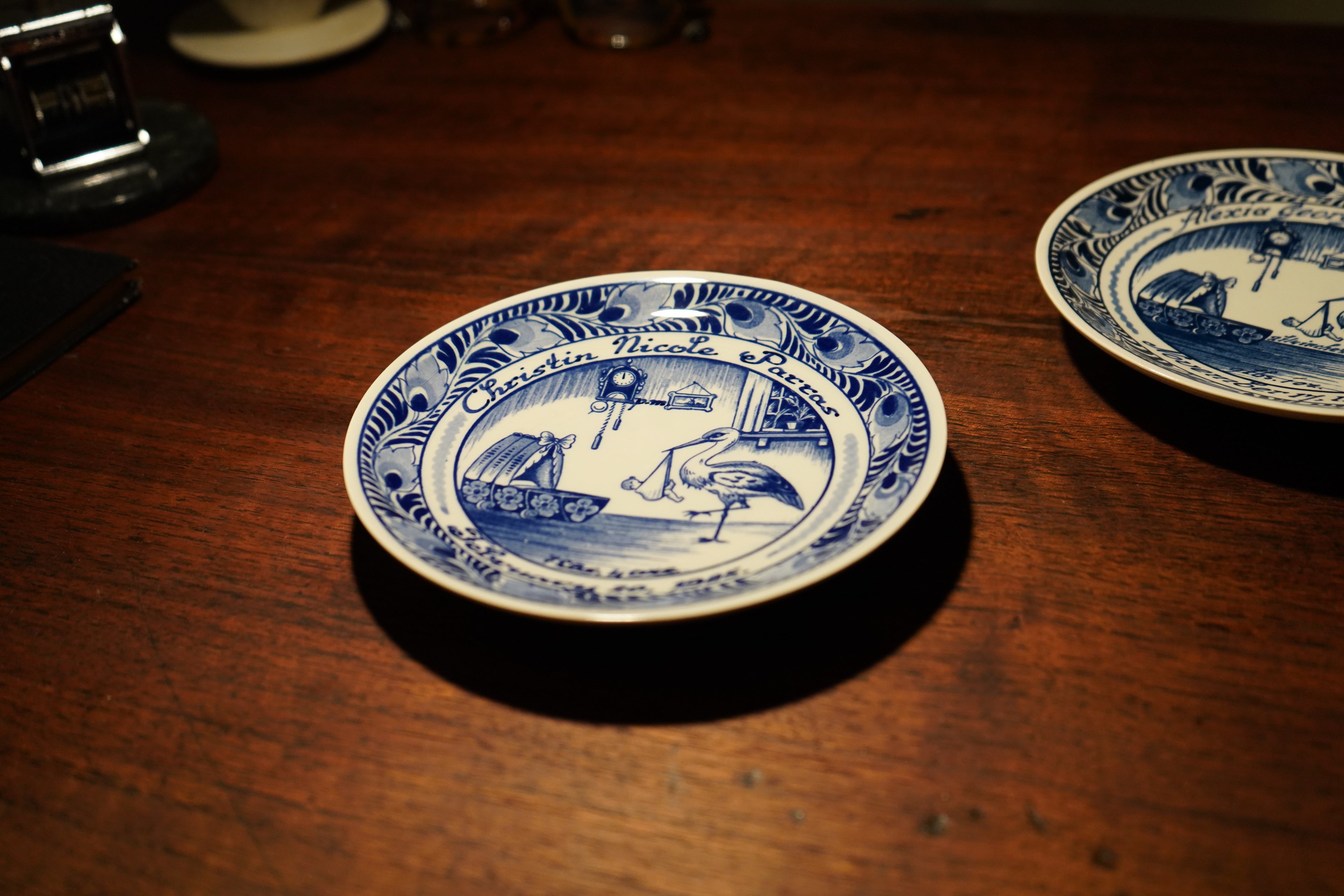 Pair of Vintage Delft Blue Personalized Birth Plates, c. 1980s
