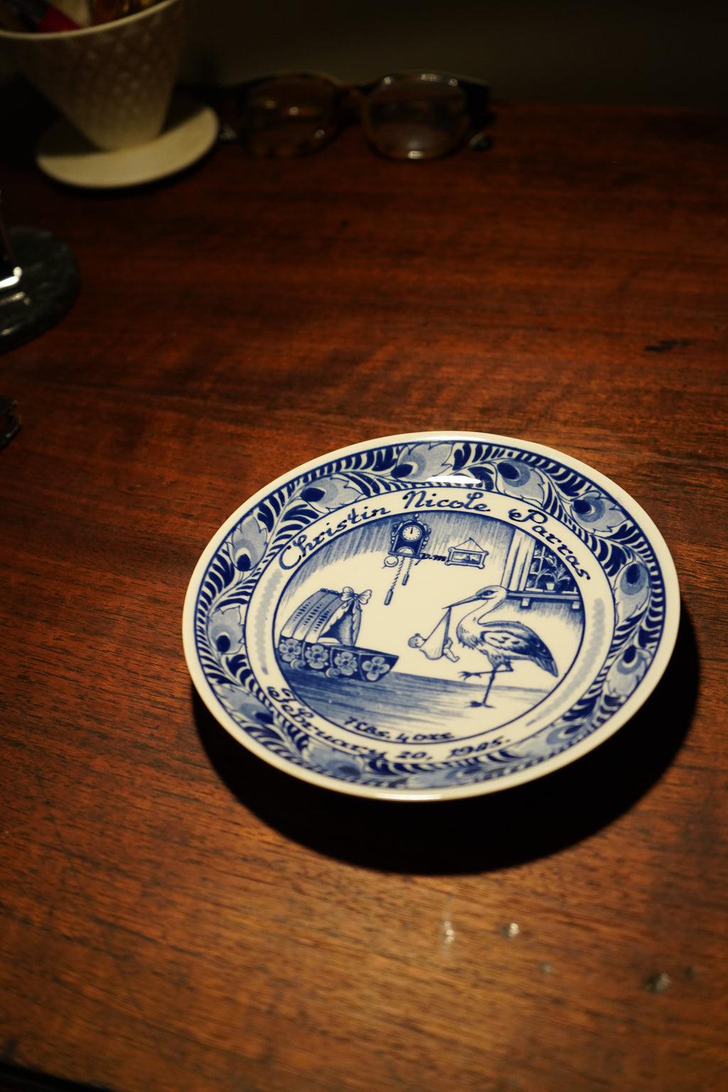 Pair of Vintage Delft Blue Personalized Birth Plates, c. 1980s