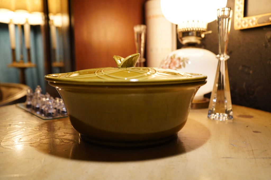 Vintage Mid Century California Pottery Olive Green Covered Serving Dish, c. 1950s–1960s