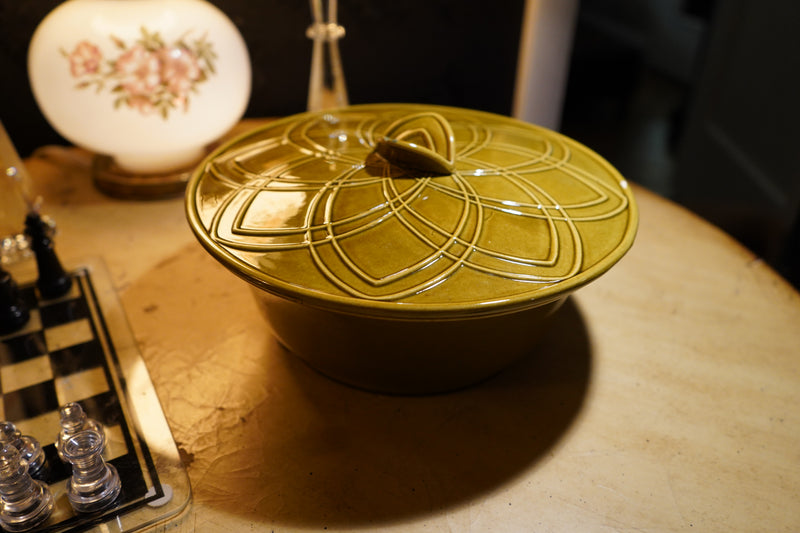 Vintage Mid Century California Pottery Olive Green Covered Serving Dish, c. 1950s–1960s