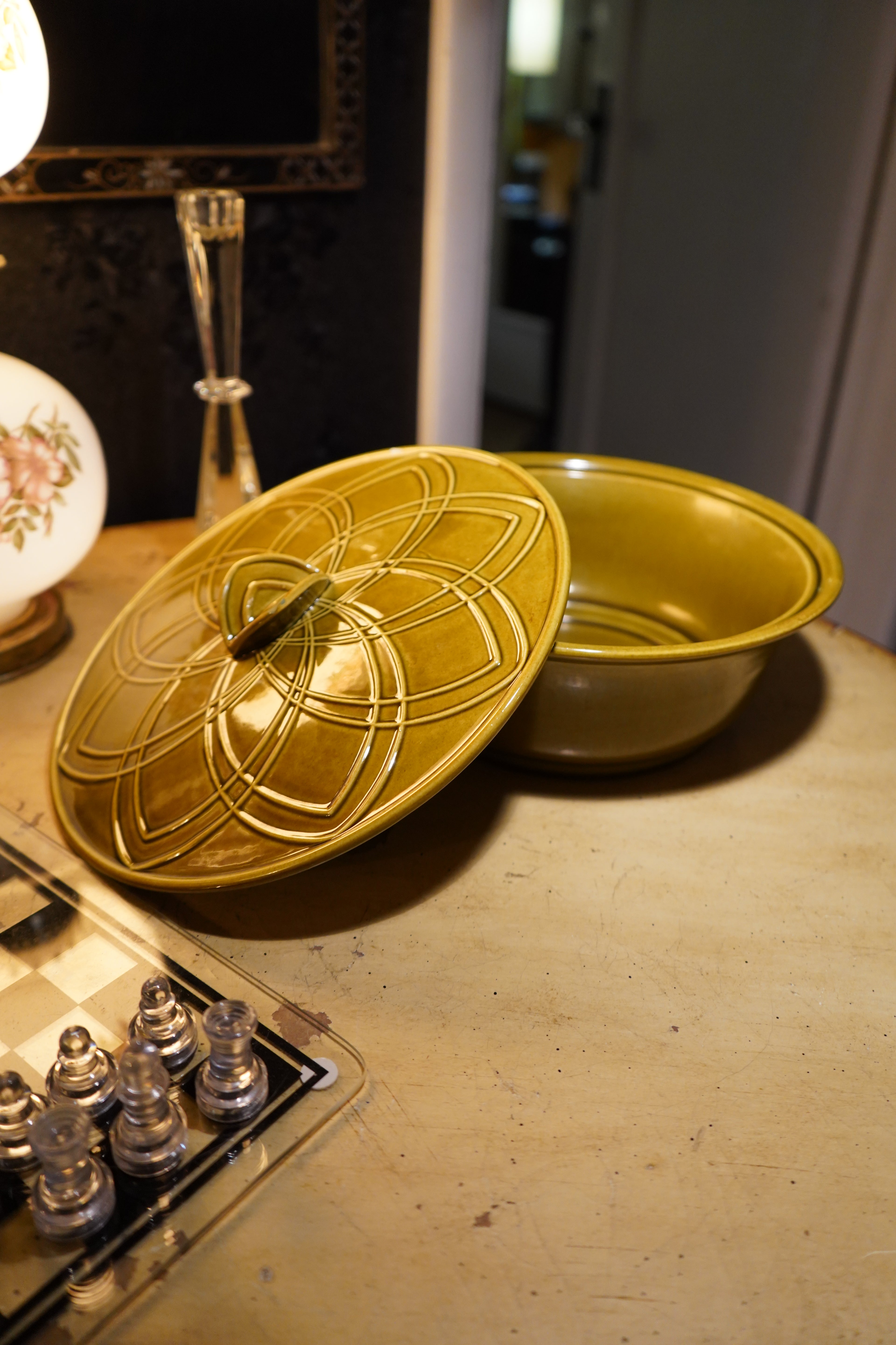 Vintage Mid Century California Pottery Olive Green Covered Serving Dish, c. 1950s–1960s