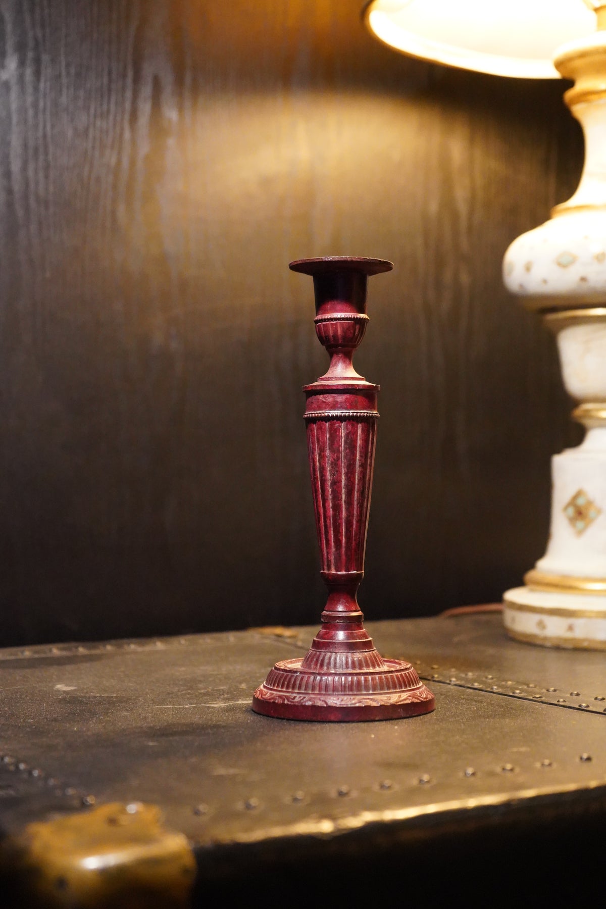 Early 20th-Century Red Painted Copper-Alloy Neoclassical Candlestick, c. 1920s–1940s