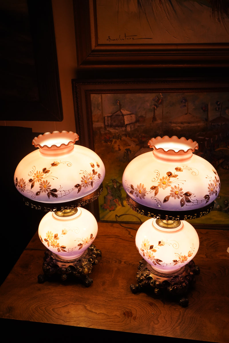 Vintage Victorian Revival Hand-Painted Glass Hurricane Lamps, Pair c 1960s