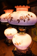 Vintage Victorian Revival Hand-Painted Glass Hurricane Lamps, Pair c 1960s