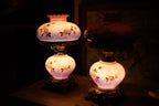 Vintage Victorian Revival Hand-Painted Glass Hurricane Lamps, Pair c 1960s