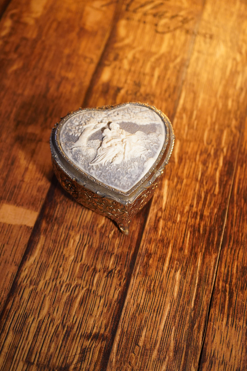 Vintage Heart-Shaped Musical Jewelry Box with Romantic Relief Lid, c. 1980s