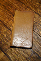 Vintage Tooled Leather Checkbook Cover, Embossed Geometric Design c 1950s