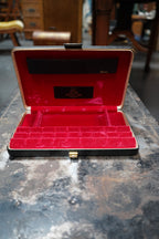 Shields Fifth Avenue Men's Valet & Jewelry Case, Black Leather with Red Velvet Interior, c. 1950s–60s