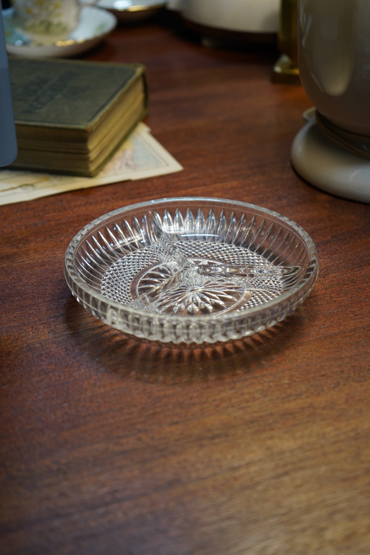 Pressed-Glass Three-Part Divided Relish Server, Fan-and-Diamond Pattern, Mid-Century c 1940-60s