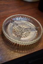 Pressed-Glass Three-Part Divided Relish Server, Fan-and-Diamond Pattern, Mid-Century c 1940-60s