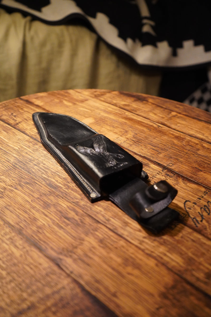 Embossed Eagle Black Leather Knife Sheath, Belt Loop with Snap Strap, c. 1960s–70s (sheath only — no knife)