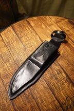 Embossed Eagle Black Leather Knife Sheath, Belt Loop with Snap Strap, c. 1960s–70s (sheath only — no knife)
