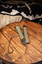 Vintage Woven Boho Camera Strap, Green &amp; Gold Aztec Weave with Leather Ends, c. 1970s