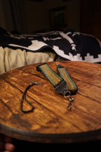 Vintage Woven Boho Camera Strap, Green &amp; Gold Aztec Weave with Leather Ends, c. 1970s