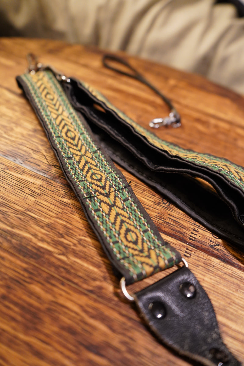Vintage Woven Boho Camera Strap, Green & Gold Aztec Weave with Leather Ends, c. 1970s