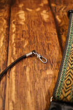 Vintage Woven Boho Camera Strap, Green &amp; Gold Aztec Weave with Leather Ends, c. 1970s