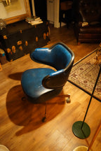 Gasser Casino Gaming Captain's Chair, Blue Vinyl with Swivel Roller Base, c. 1970s–80s