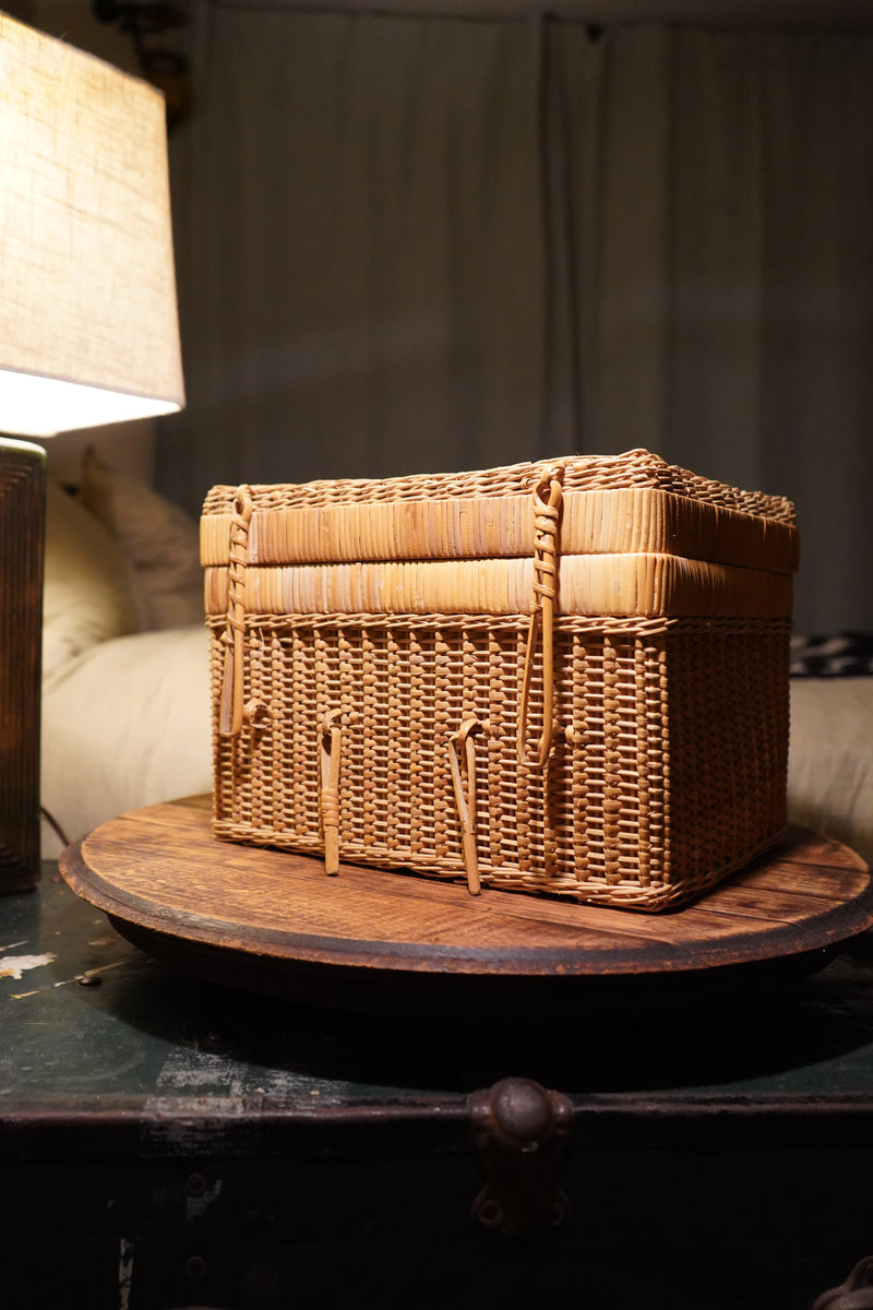 Woven Rattan Lidded Storage Basket with Toggle Closures &amp; Openwork Panel, c. 1960s–70s