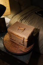 Woven Rattan Lidded Storage Basket with Toggle Closures &amp; Openwork Panel, c. 1960s–70s
