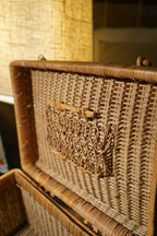 Woven Rattan Lidded Storage Basket with Toggle Closures &amp; Openwork Panel, c. 1960s–70s