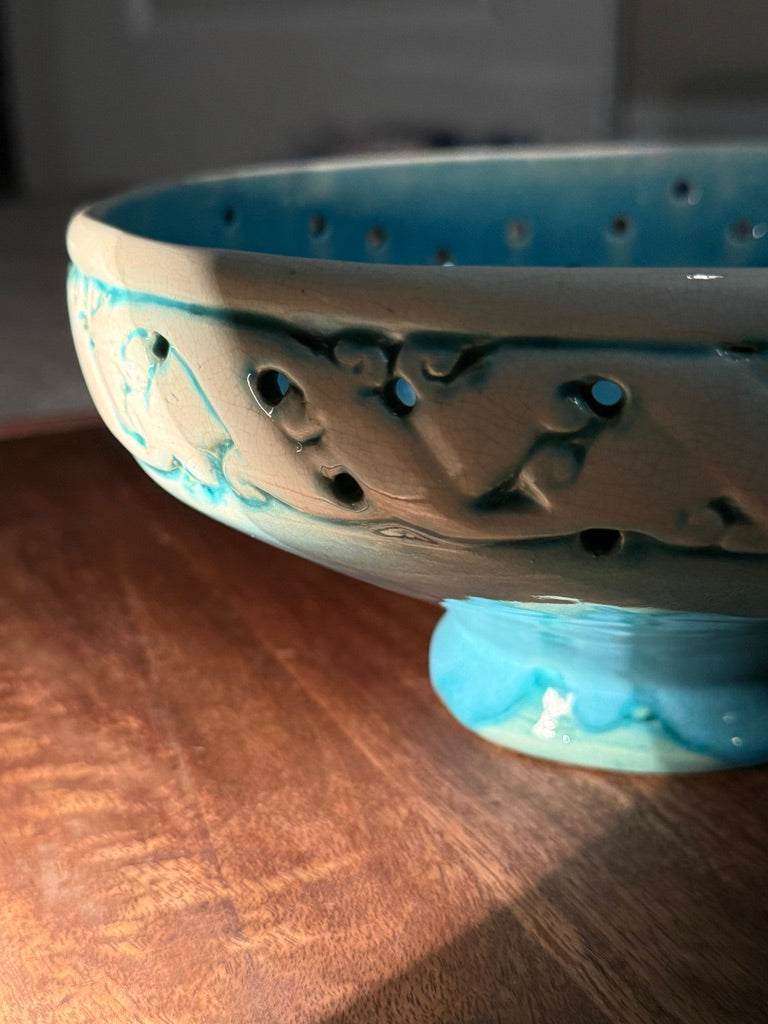 Turquoise Reticulated Footed Ceramic Bowl, c. 1950s–1960s