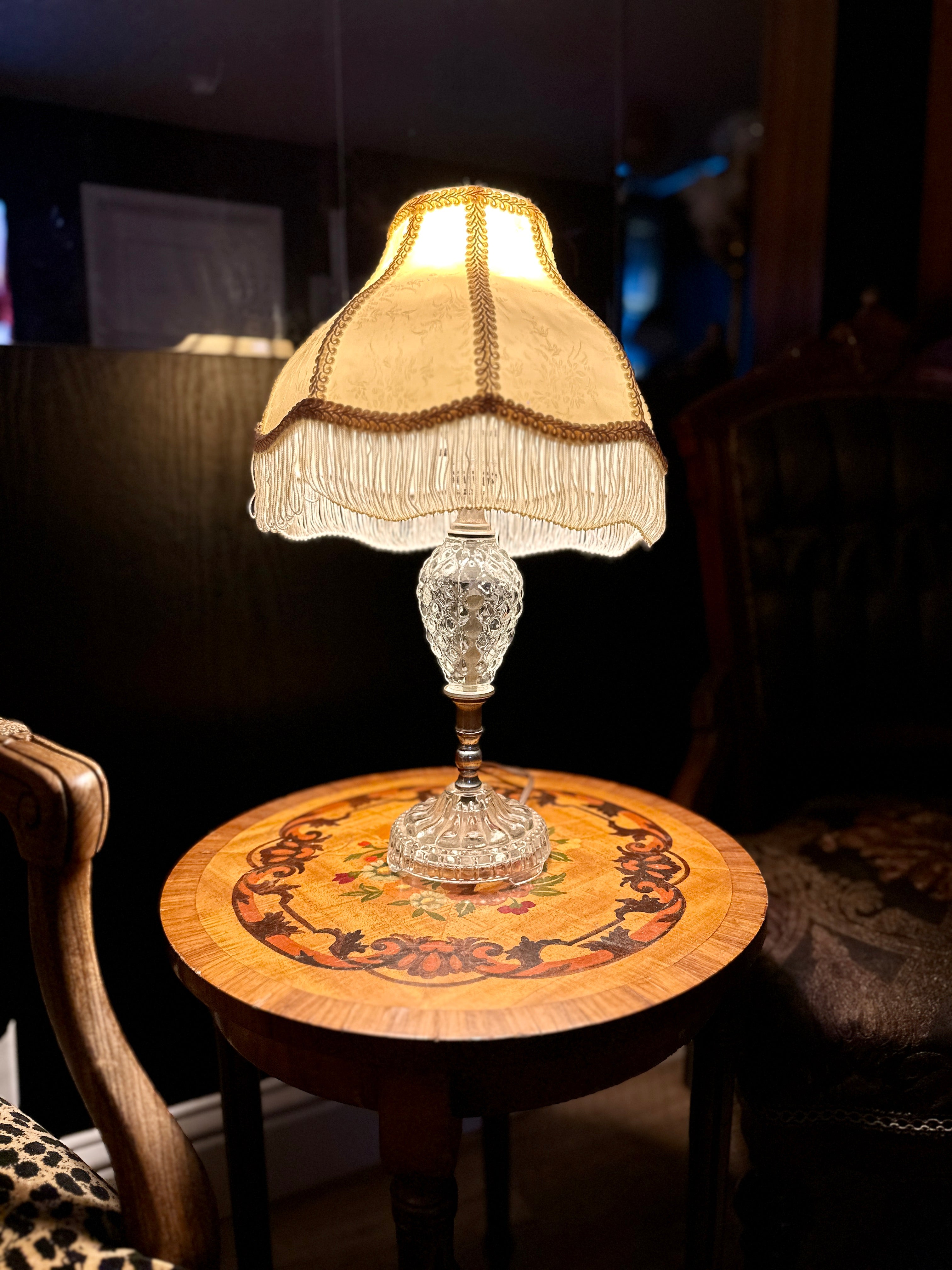 Vintage Pressed Glass Boudoir Table Lamp with Fringe Shade | Victorian Revival Accent Lamp