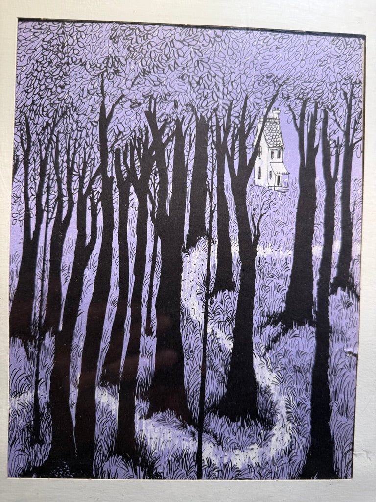 Vintage European Book Illustration – Forest Path & Hidden Cottage (c. 1930s–1950s)