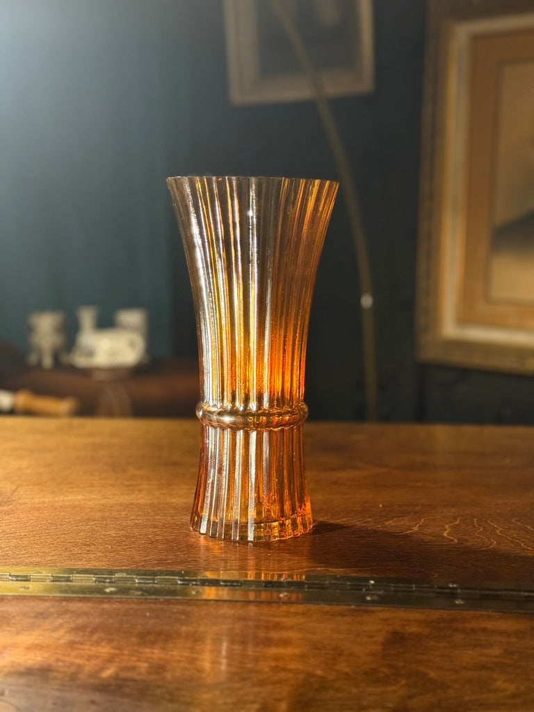 Antique Amber Carnival Glass Vase c.1910–1930 | Ribbed Iridescent Pressed Glass