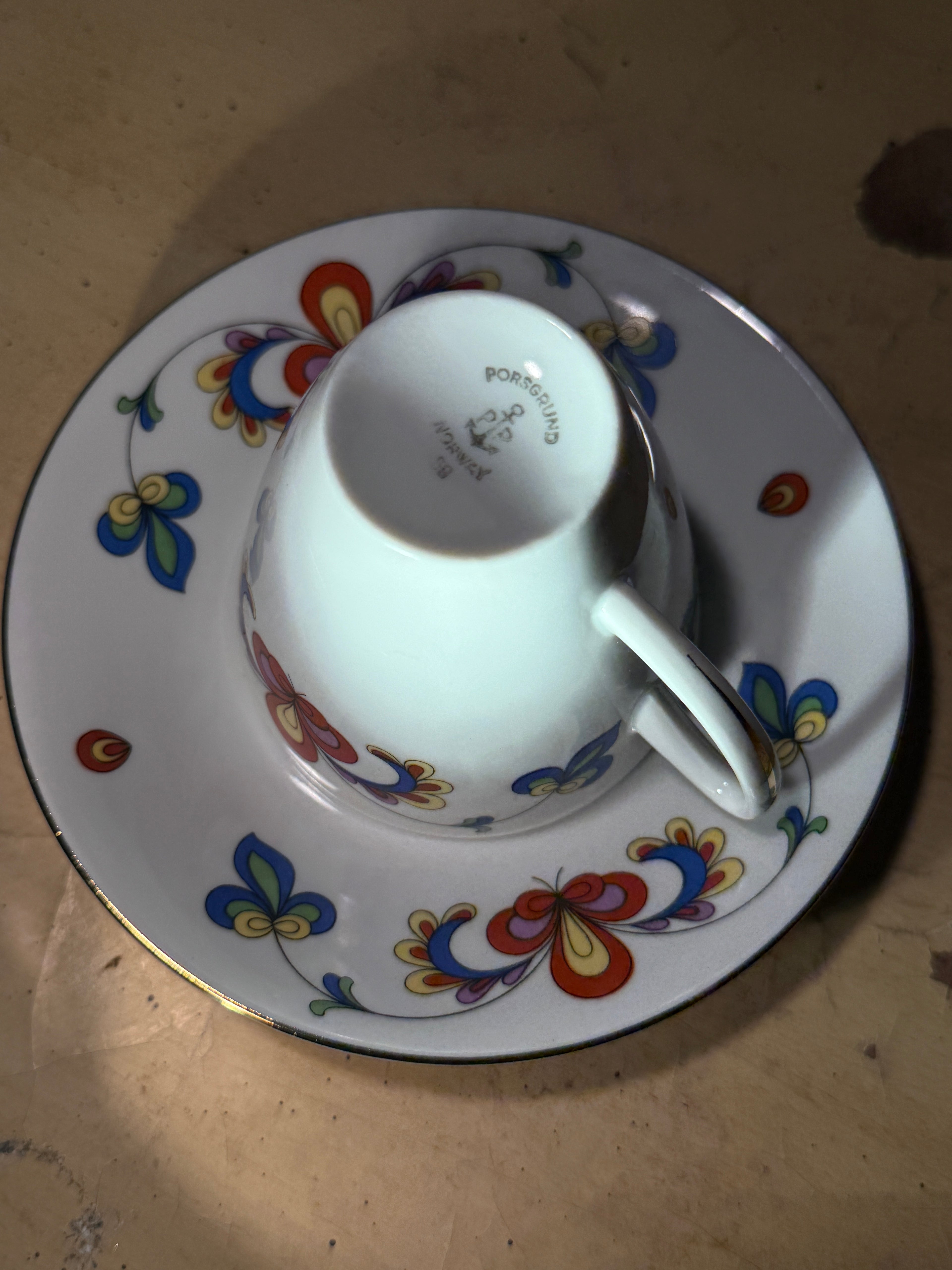 Porsgrund Porcelain Cup & Saucer Norwegian Mid-Century Folk Motif, c.1960s–70s